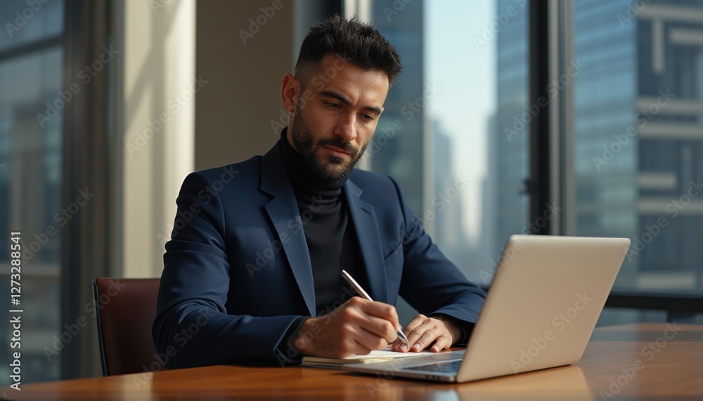 Confident Middle Eastern professional focusing on important tasks in modern office setting with city view Confident Middle Eastern professional focusing on important tasks in modern office setting with city view
