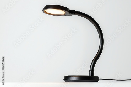 A modern, flexible black desk lamp illuminating a white surface, offering task lighting with its adjustable gooseneck design and focused beam for office or home use. photo