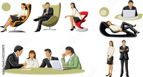 business man and businesswoman business people in different poses and sitting on chairs Adobe Illustrator Artwork vector illustration