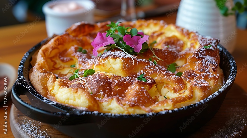 A gourmet Dutch baby pancake, puffy and golden, no shadows The pancake is the focal point, with no text, logo, signature, human body, people, or plants, A gourmet Dutch baby pancake, puffy and golden, no shadows The pancake is the focal point, with no text, logo, signature, human body, people, or plants,