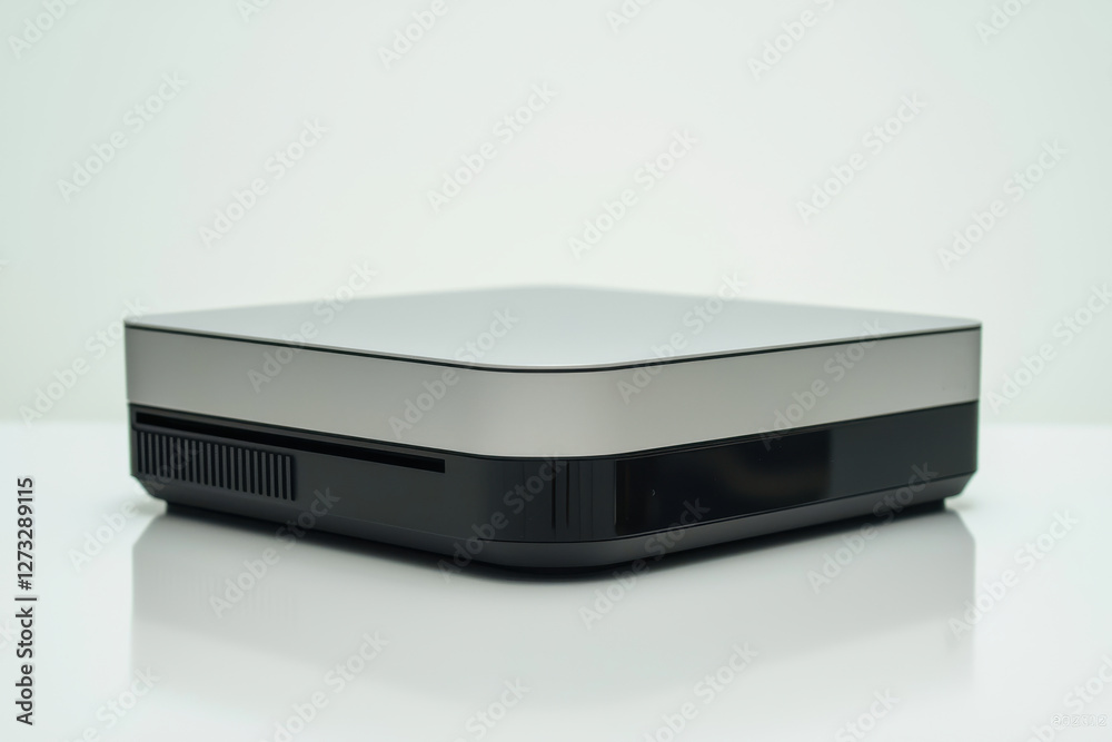 A studio shot capturing a sleek, modern mini PC with a silver top and black base, placed on a glossy white surface against a bright, neutral background. A studio shot capturing a sleek, modern mini PC with a silver top and black base, placed on a glossy white surface against a bright, neutral background.