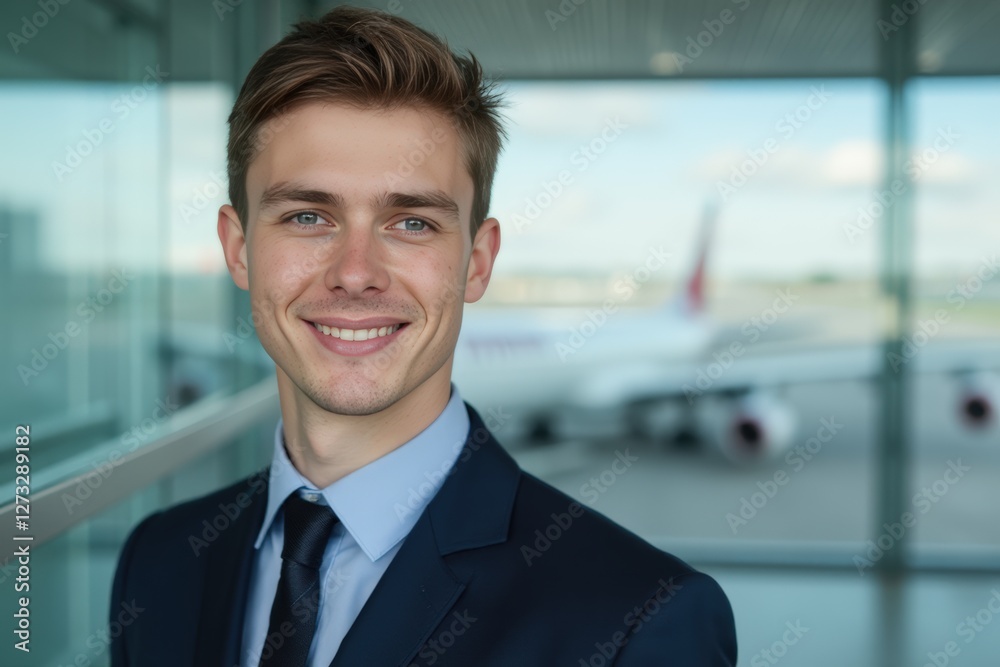 Head and shoulders Portrait of an elegant stylish Luxembourgish young male flight attendant in uniform. Head and shoulders Portrait of an elegant stylish Luxembourgish young male flight attendant in uniform.