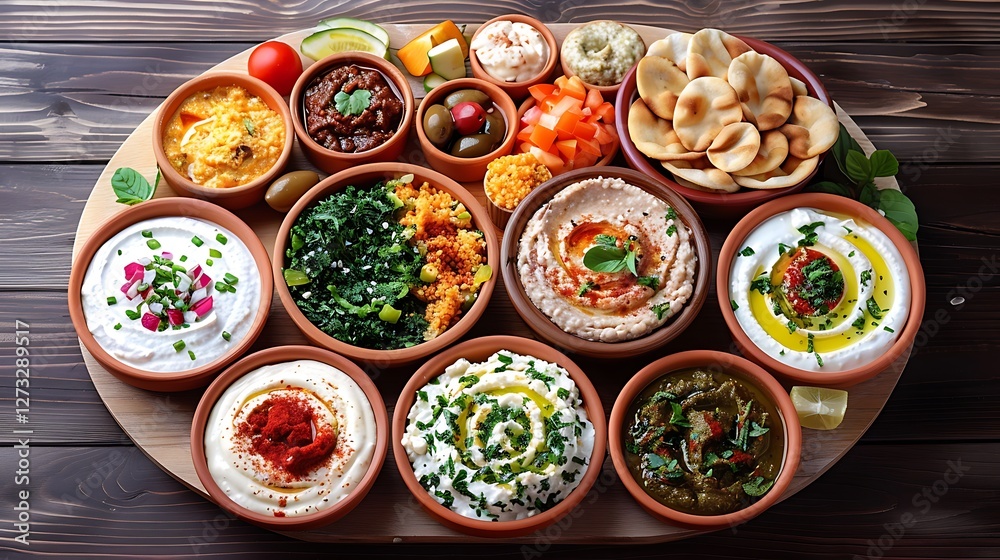 A fresh Mediterranean mezze platter with a variety of dips, no shadows The mezze takes center stage, with no text, logo, signature, human body, people, or plants, A fresh Mediterranean mezze platter with a variety of dips, no shadows The mezze takes center stage, with no text, logo, signature, human body, people, or plants,