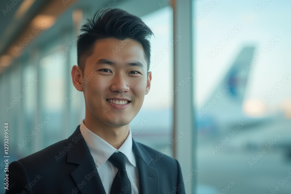 Head and shoulders Portrait of an elegant stylish Malaysian young male flight attendant in uniform. Head and shoulders Portrait of an elegant stylish Malaysian young male flight attendant in uniform.