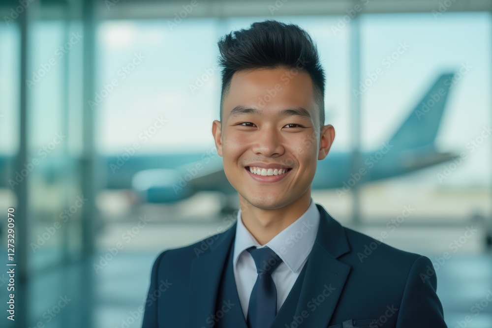 Head and shoulders Portrait of an elegant stylish Micronesian young male flight attendant in uniform. Head and shoulders Portrait of an elegant stylish Micronesian young male flight attendant in uniform.