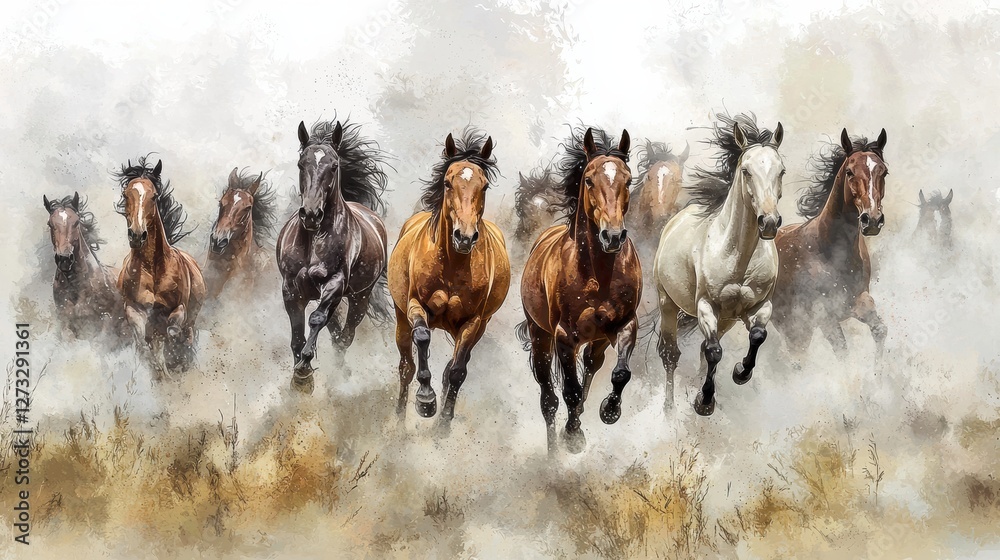 Fototapeta premium A Vibrant Watercolor Painting of Majestic Horses Running Freely Through a Lush Green Field
