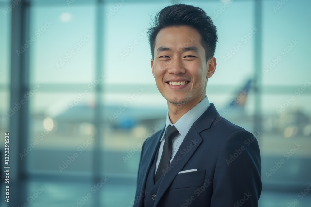 Head and shoulders Portrait of an elegant stylish Mongolian young male flight attendant in uniform. Head and shoulders Portrait of an elegant stylish Mongolian young male flight attendant in uniform.