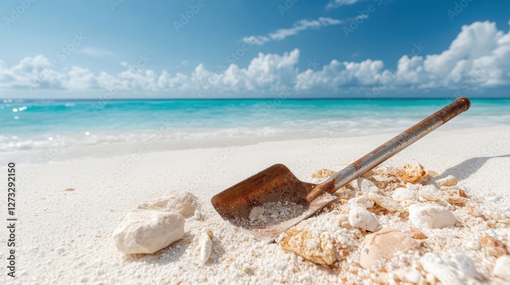 This image shows a shovel set among coral rocks on a sandy beach, illustrating the connection between human tools and the natural beauty of the seaside landscape. This image shows a shovel set among coral rocks on a sandy beach, illustrating the connection between human tools and the natural beauty of the seaside landscape.