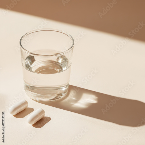 Glass of water and white capsule pills casting long shadows in warm sunlight on beige surface, minimalist medical composition. Generative AI