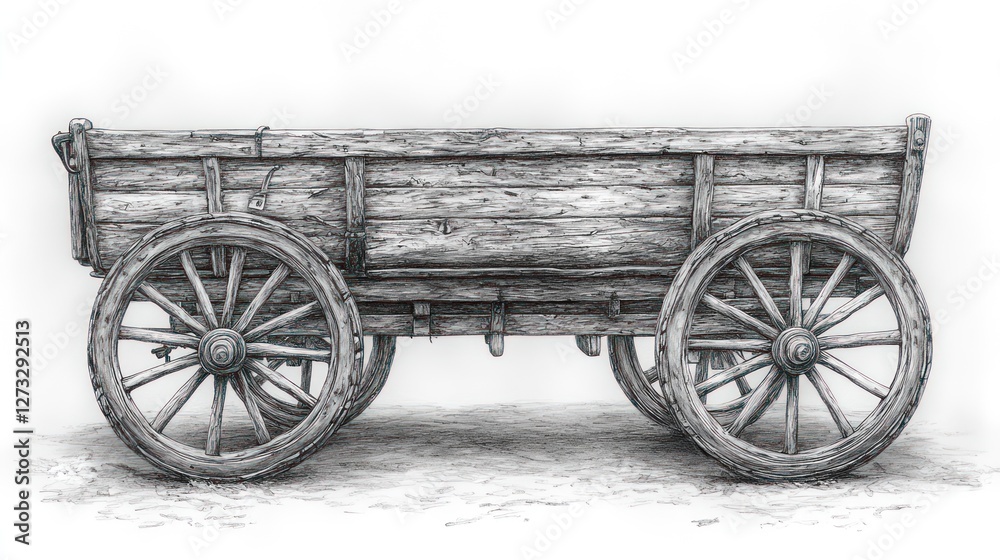 Fototapeta premium Vintage wooden wagon illustration; detailed drawing of antique cart; isolated on white background; depicting rural scene