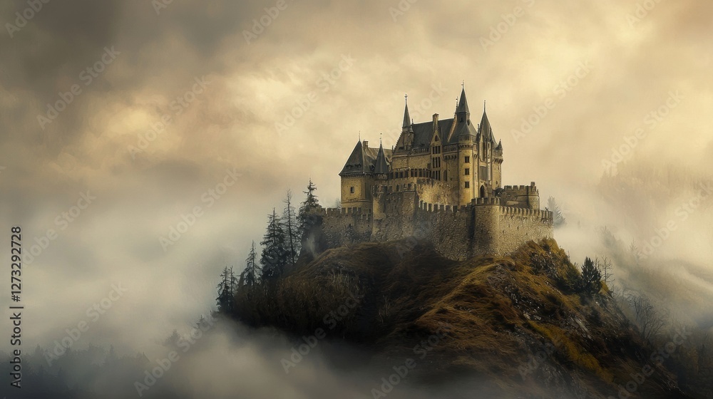 Enchanting Watercolor Painting of a Majestic Castle on a Hill Under a Mysterious Foggy Sky Enchanting Watercolor Painting of a Majestic Castle on a Hill Under a Mysterious Foggy Sky