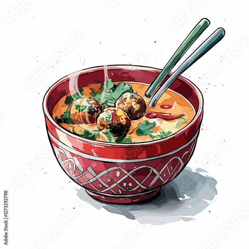 Watercolor Bakso Meatball Soup with Herbs