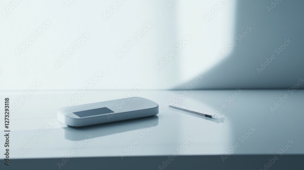 A glucose meter resting on a table with a test strip beside it. Featuring diabetes management and self-care A glucose meter resting on a table with a test strip beside it. Featuring diabetes management and self-care