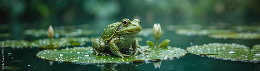 Close-up of a green frog sitting on a lily pad covered in water droplets. Wildlife photography of amphibians. Freshwater ecosystem and biodiversity concept. World Aquatic Animal Day. Close-up of a green frog sitting on a lily pad covered in water droplets. Wildlife photography of amphibians. Freshwater ecosystem and biodiversity concept. World Aquatic Animal Day.