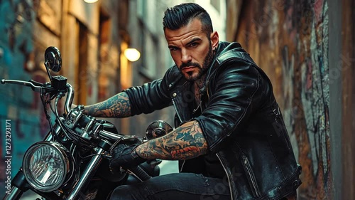 A rugged tattooed biker in a black leather jacket sits on a custom motorcycle in a dimly lit urban alley