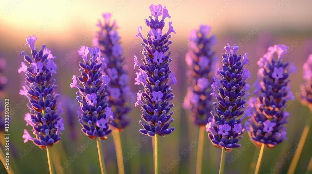 Naklejka premium Lavender Flowers Blooming at Sunset Golden Hour