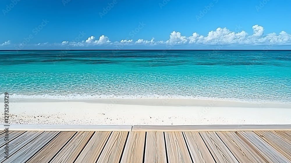 Fototapeta premium Serene ocean view featuring a beautiful sandy beach and gentle waves under a bright azure sky : Generative AI
