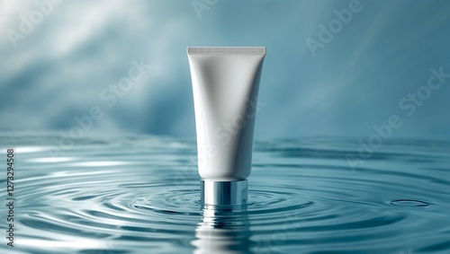 White cosmetic tube gracefully floating on rippled water. Beauty and skincare product promotion