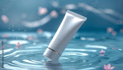 White cosmetic tube gracefully floating on rippled water. Beauty and skincare product promotion