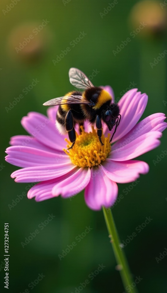 Bumblebee collecting pollen from globe daisy Globularia cordifolia L, nectar, yellow Bumblebee collecting pollen from globe daisy Globularia cordifolia L, nectar, yellow