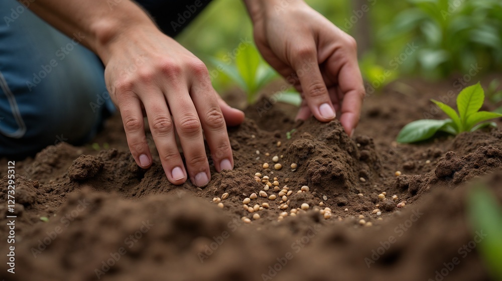 Gardener planting seeds in rich soil during spring on a sunny day in a backyard garden Gardener planting seeds in rich soil during spring on a sunny day in a backyard garden