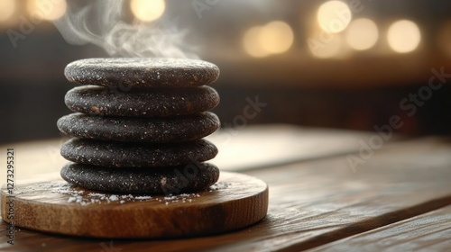 Stacked dark cookies, steaming, wooden board, blurred lights background photo