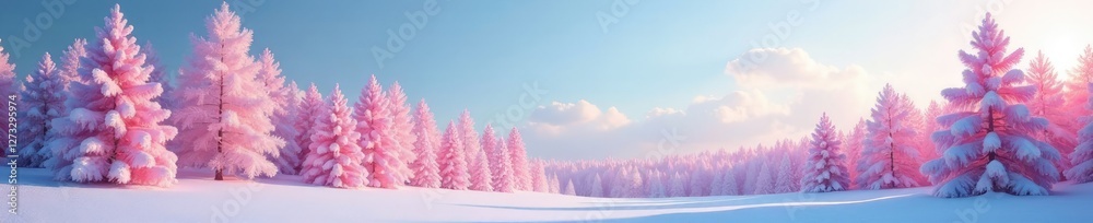 Fototapeta premium Softly glowing pink snow-covered trees in a peaceful winter scene with clear blue sky, soft glow, gentle light, woody texture