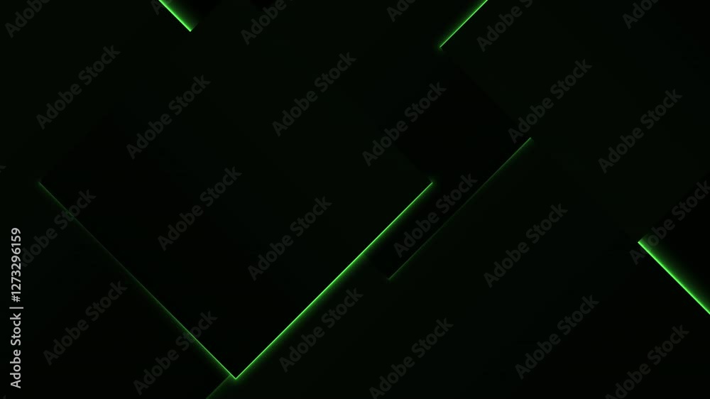 Dark abstract motion background with glowing green edge lines. Seamless loop animation