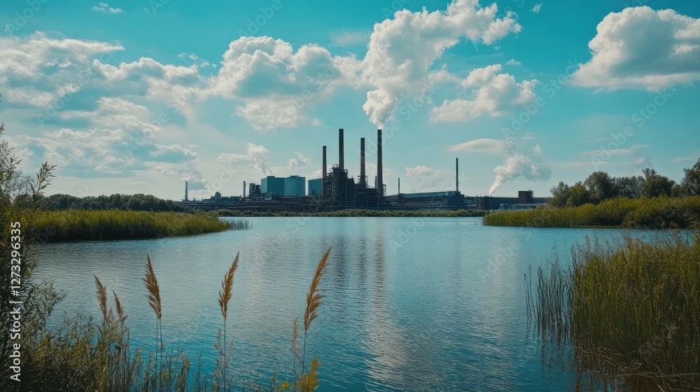 Industrial complex stands behind the body of water landscape Industrial complex stands behind the body of water landscape