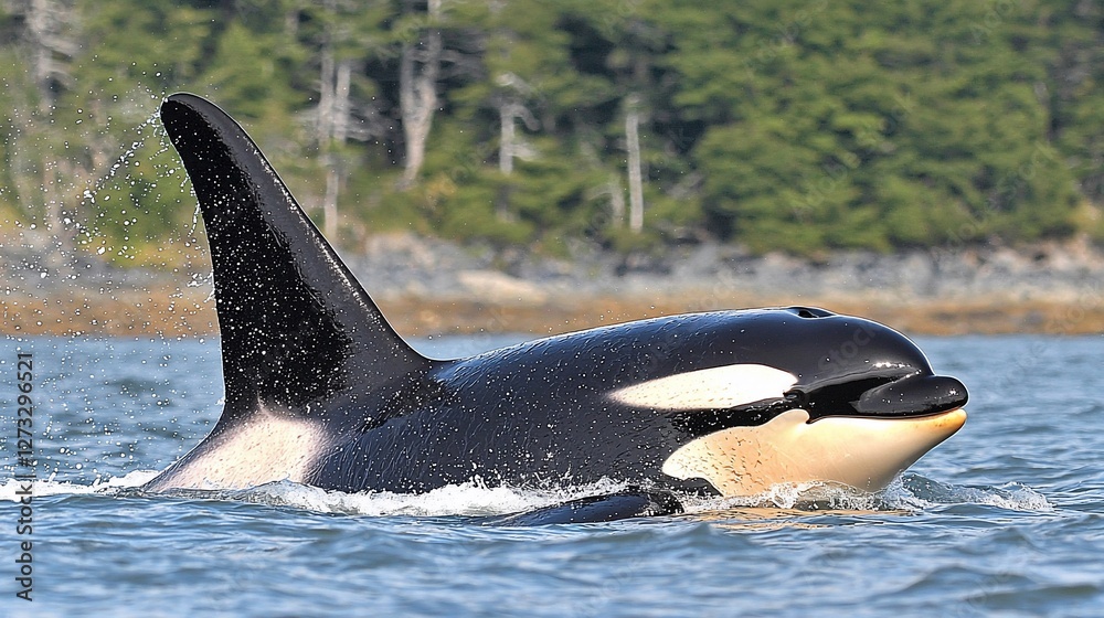 Fototapeta premium Orca whale surfacing in ocean water, near a forested shore.