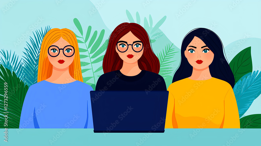 Three women collaborating in a modern workspace Three women collaborating in a modern workspace