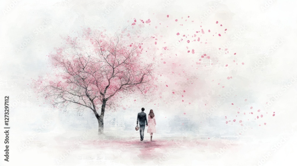 A Romantic Stroll Beneath the Blossoming Pink Flowers in Watercolor Painting A Romantic Stroll Beneath the Blossoming Pink Flowers in Watercolor Painting