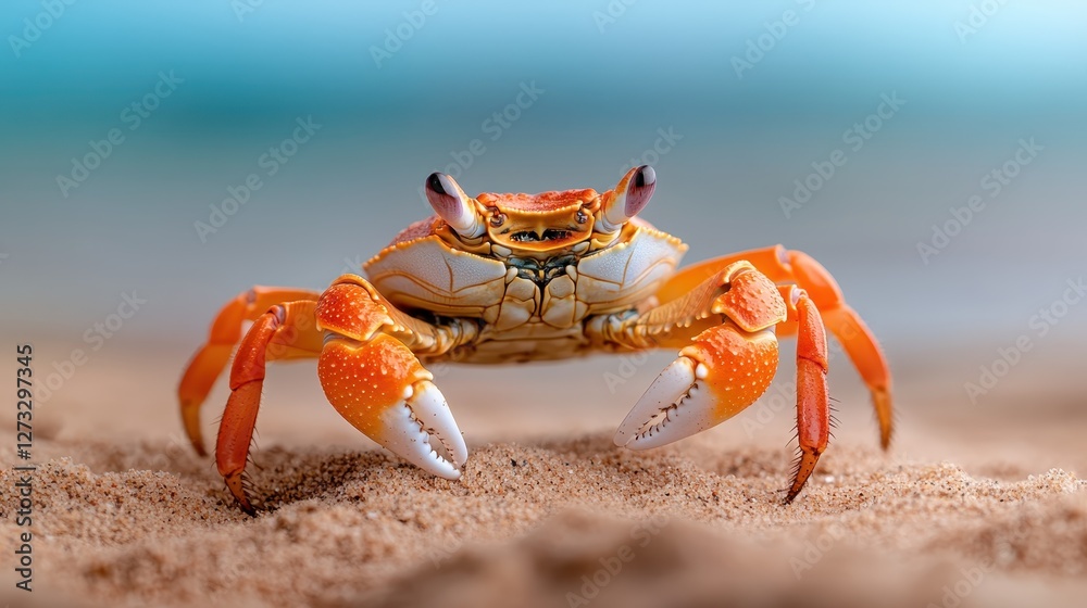 This captivating close-up image features a crab against a soft sandy backdrop, highlighting the intricate details and vibrant colors of the creature. This captivating close-up image features a crab against a soft sandy backdrop, highlighting the intricate details and vibrant colors of the creature.