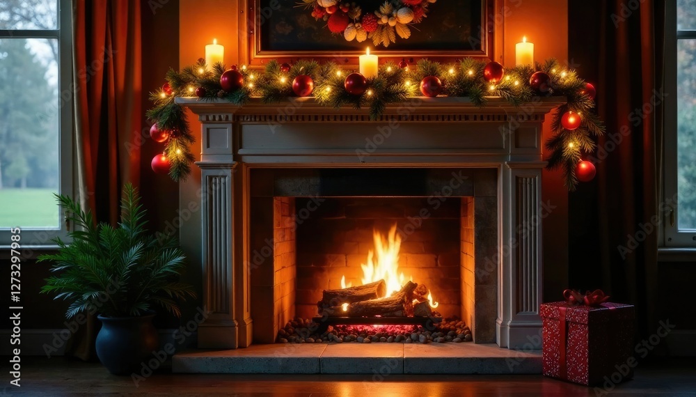 Festive garland adorns the mantel around a roaring fireplace, festive, mantel, garland Festive garland adorns the mantel around a roaring fireplace, festive, mantel, garland