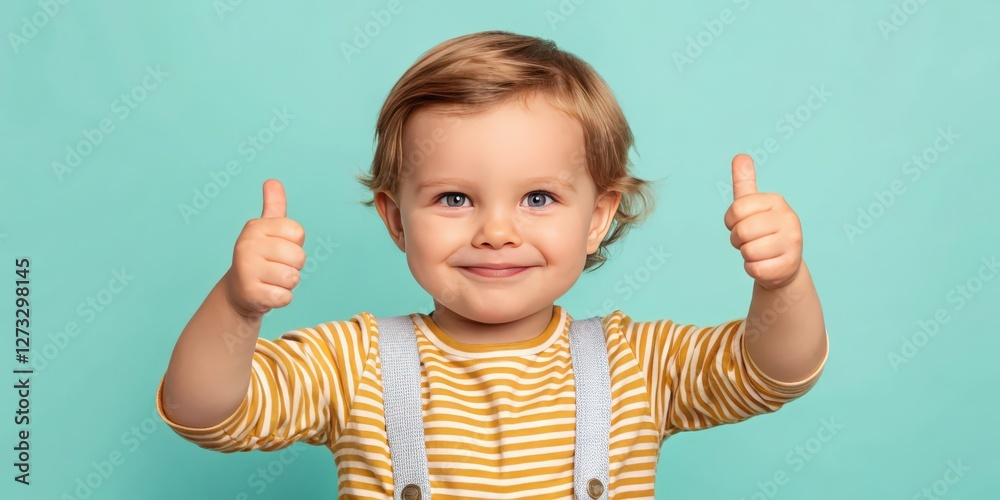 a cheerful toddler with a radiant smile gives two thumbs up, exuding joy and positivity. The background is a soft turquoise hue. a cheerful toddler with a radiant smile gives two thumbs up, exuding joy and positivity. The background is a soft turquoise hue.