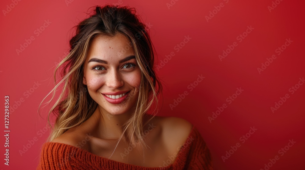 A joyful young woman is smiling brightly against a bold red background with copy space. Her flowing hair frames her face, and she wears a cozy sweater, creating a warm, inviting atmosphere A joyful young woman is smiling brightly against a bold red background with copy space. Her flowing hair frames her face, and she wears a cozy sweater, creating a warm, inviting atmosphere