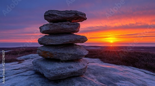 Stacked rocks at sunrise, mountaintop view photo