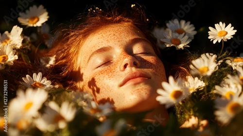 This beautiful image depicts a serene young woman amid a floral backdrop, her peaceful expression embodying the essence of youth, nature, and pure tranquility.
