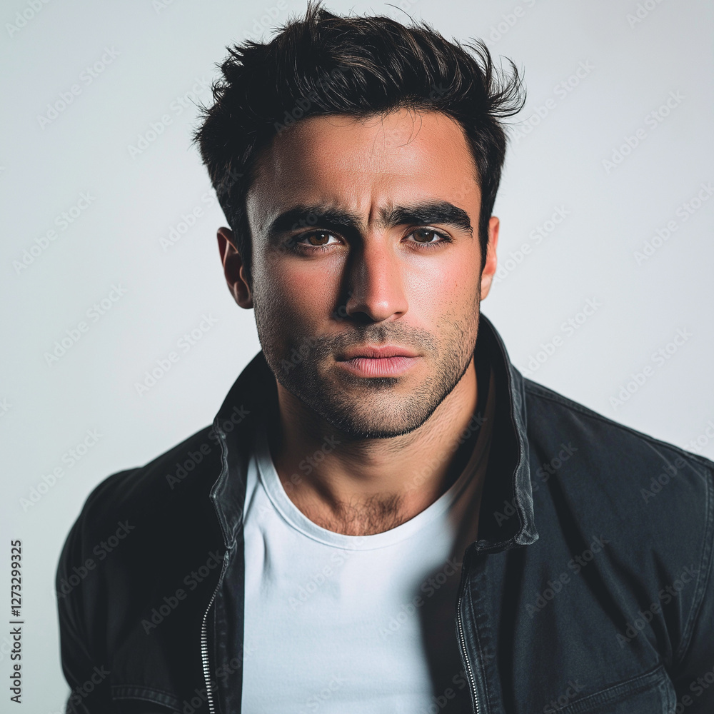 Obraz premium Serious Young Man Portrait Studio Shot Dark Jacket White TShirt