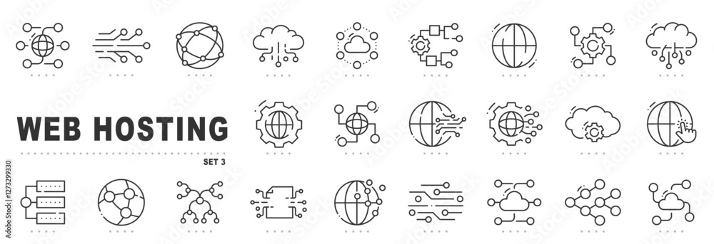 Set of web hosting related line icons. Server, cloud, storage, database etc. Editable stroke. Set 3 Set of web hosting related line icons. Server, cloud, storage, database etc. Editable stroke. Set 3