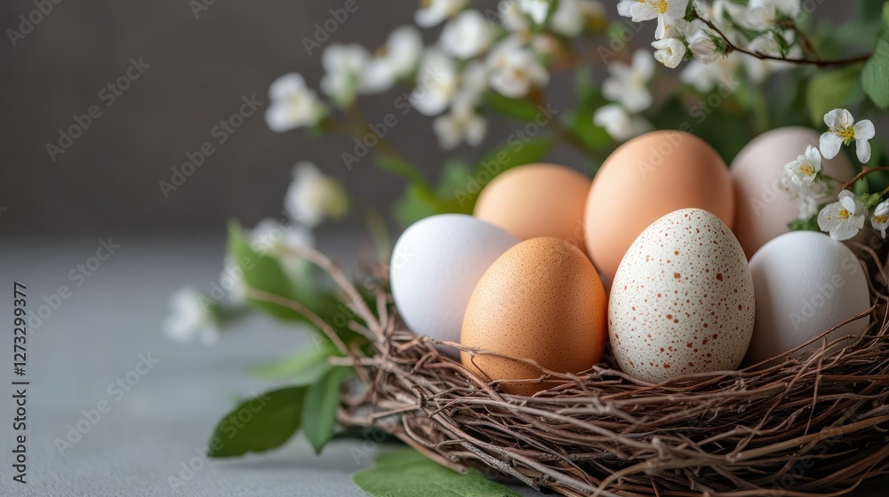 An assortment of white and brown eggs artfully displayed in a nest, adorned with delicate spring blossoms, representing the beauty and joy of the Easter holiday. An assortment of white and brown eggs artfully displayed in a nest, adorned with delicate spring blossoms, representing the beauty and joy of the Easter holiday.