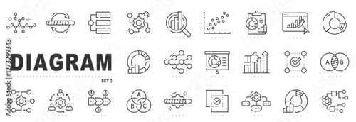 Set of diagram related line icons. Statisctic, chart, pie, bar etc. Editable stroke. Set 3