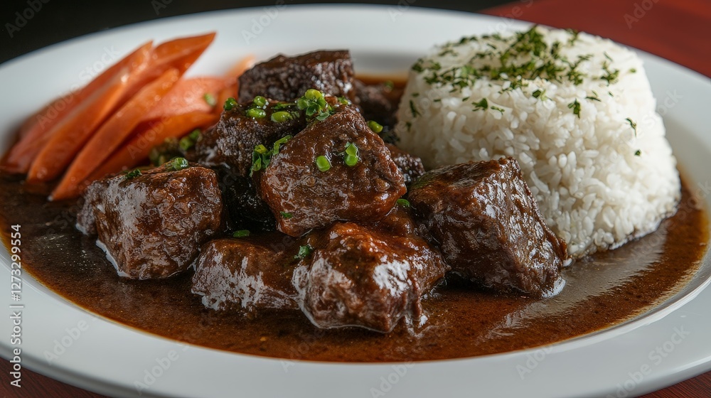 A savory dish featuring tender beef, rice, and garnished with green onions and tomatoes. A savory dish featuring tender beef, rice, and garnished with green onions and tomatoes.