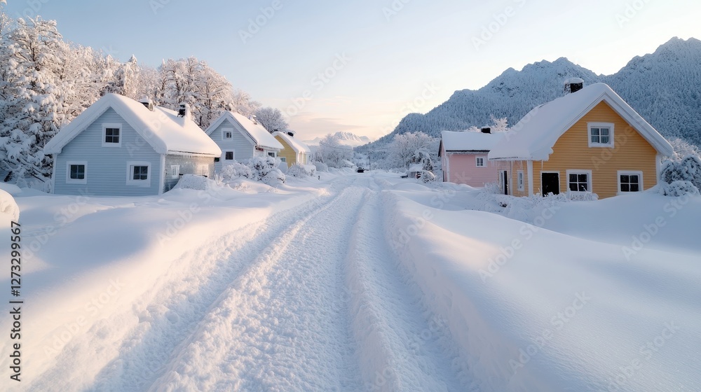 A picturesque winter scene features charming colorful cabins dotted along a snowy path, illuminated by the soft light of dawn, creating a serene atmosphere. A picturesque winter scene features charming colorful cabins dotted along a snowy path, illuminated by the soft light of dawn, creating a serene atmosphere.