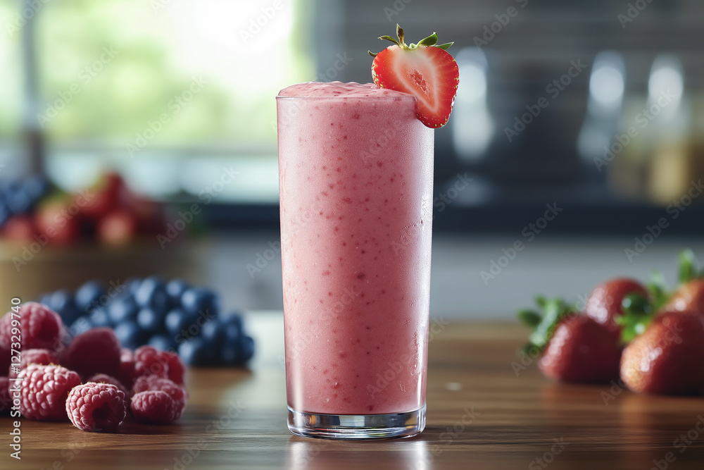 Refreshing strawberry smoothie in a glass with fresh berries Refreshing strawberry smoothie in a glass with fresh berries