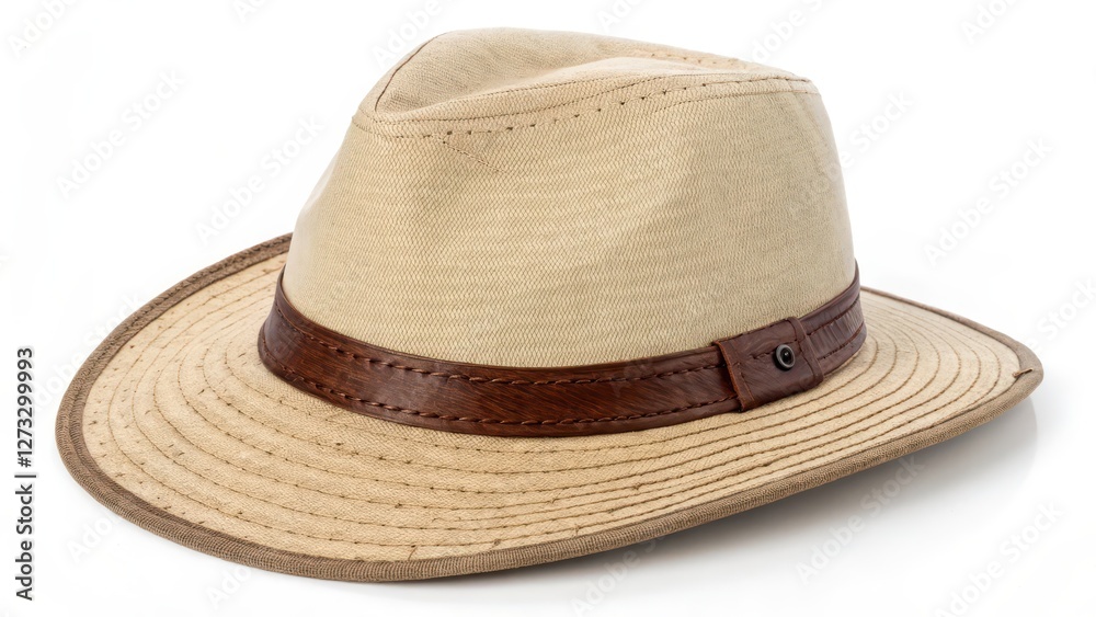 Beige Straw Hat with Brown Band - Object on White Background Beige Straw Hat with Brown Band - Object on White Background