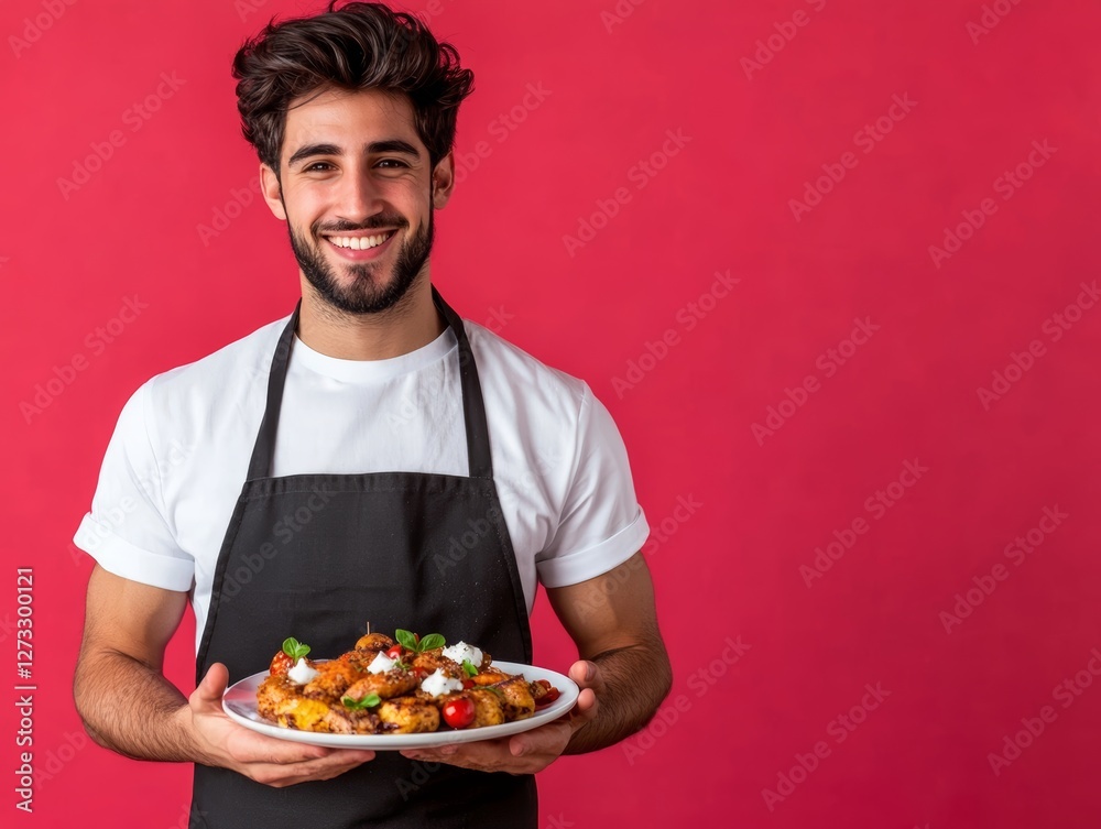 Happy Chef Presenting Delicious Food Platter Happy Chef Presenting Delicious Food Platter