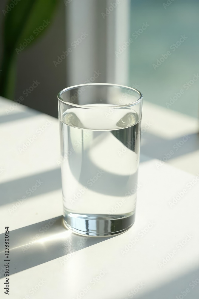 Simple elegance of a glass of clean water on a white surface illuminated by soft sunlight, simplicity, glass Simple elegance of a glass of clean water on a white surface illuminated by soft sunlight, simplicity, glass