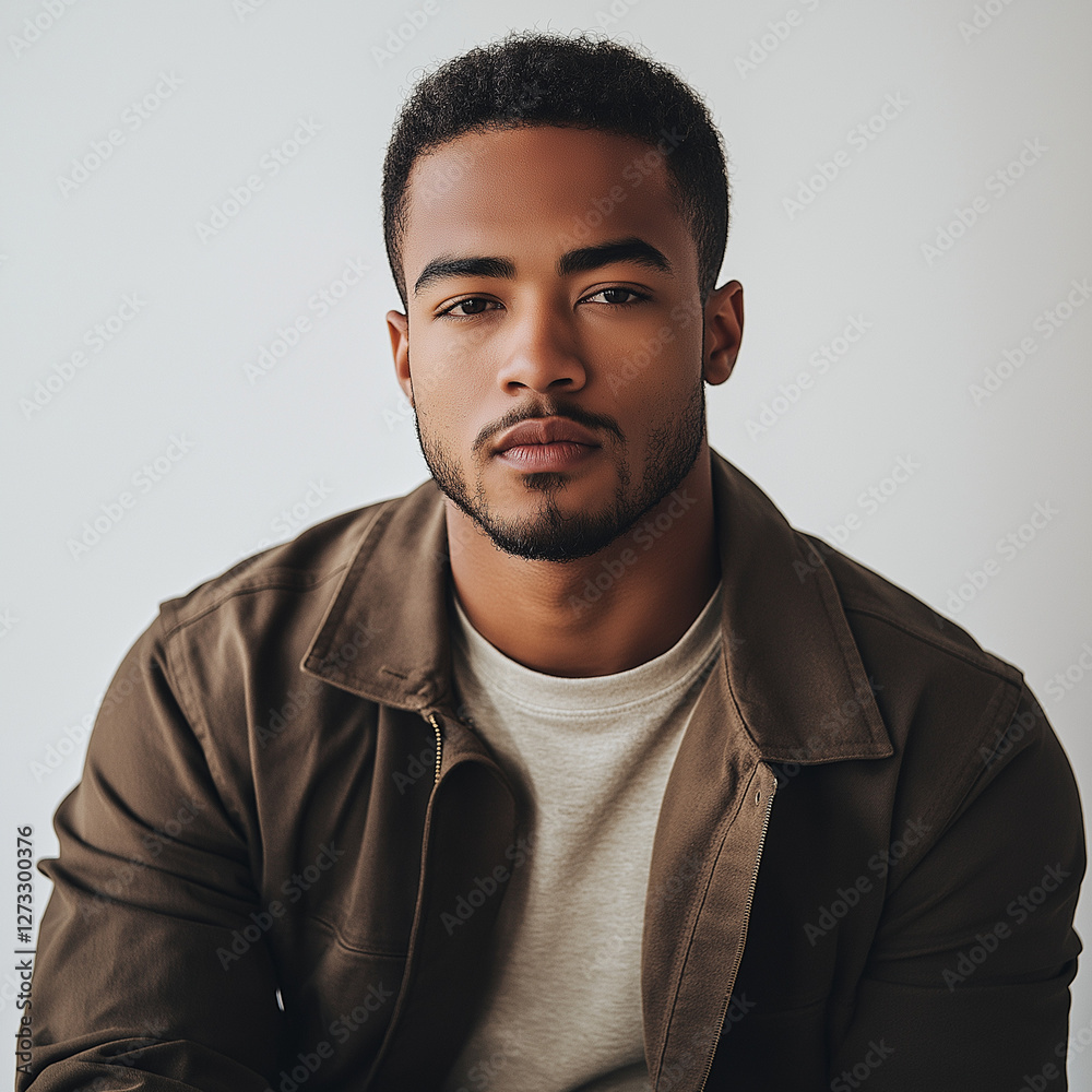 Fototapeta premium Portrait of a Young Black Man Serious Expression Brown Jacket Studio Shot