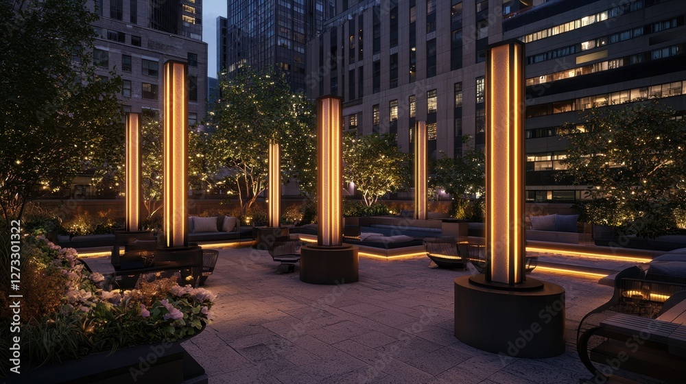 Obraz premium A modern urban terrace with artistic light columns, creating a cozy twilight ambiance.